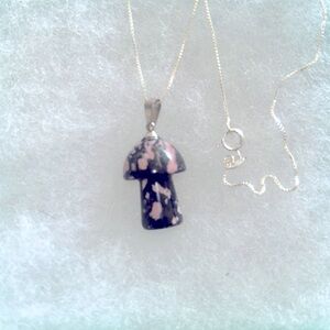 Boho natural pink and black Rhodonite Mushroom Silver Neckl…